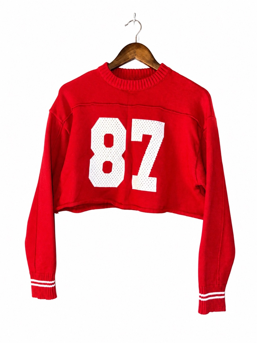 Orange Kiss Essentials Women's Large Red Cropped Varsity Sweater 87 Football